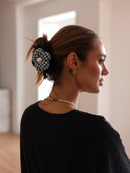 Pearl Floral Black Plaid Haarklammer
